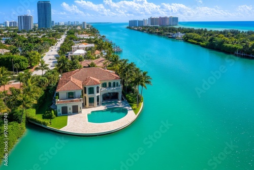 Miami Beachfront Homes visualized in a real estate-themed infographic, focusing on luxurious waterfront properties along Miami Beach and Biscayne Bay