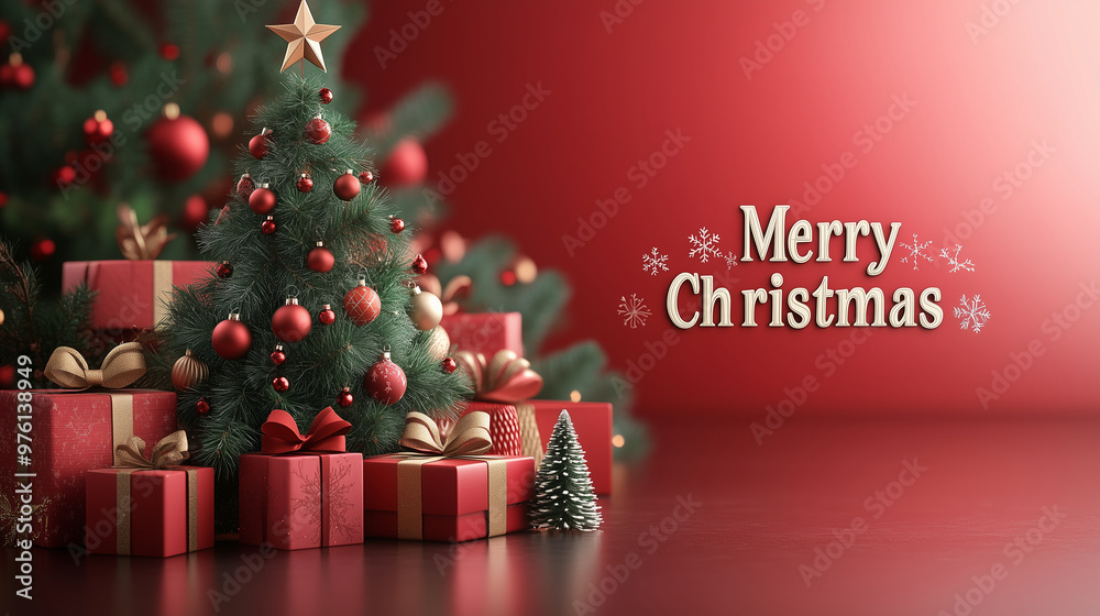 Merry Christmas background of realistic background with Christmas tree and gifts Merry Christmas background of realistic background with Christmas tree and gifts