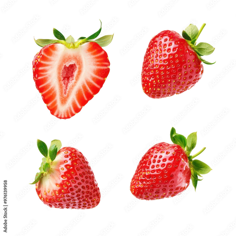 Set of whole Strawberry, half and slice falling in the air isolated on transparency background Set of whole Strawberry, half and slice falling in the air isolated on transparency background