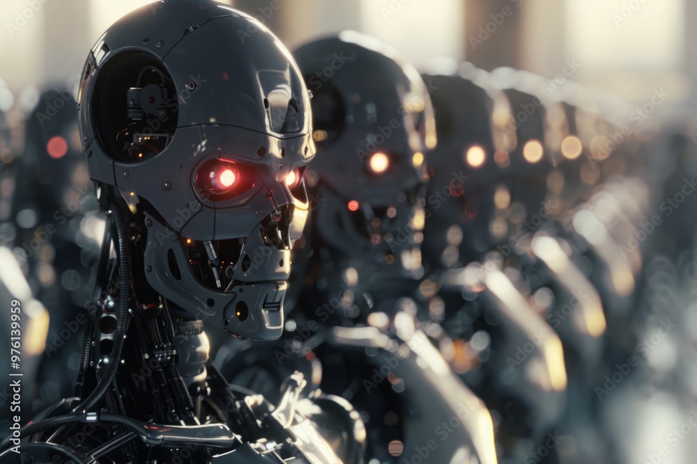 A large number of robots lined up in a row A large number of robots lined up in a row