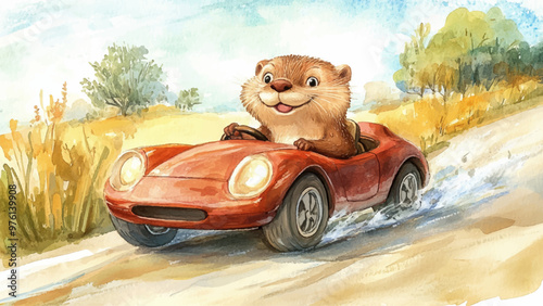 Jolly Otter Driving Cartoon Car Watercolor Illustration For Childrens Book Cheerful Character Fun Cartoon Car Kids Storybook Playful Driving Scene