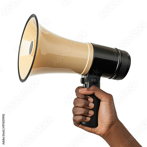 A person holds a vintage megaphone, preparing to make an announcement in a lively environment with vivid colors and dynamic energy photo