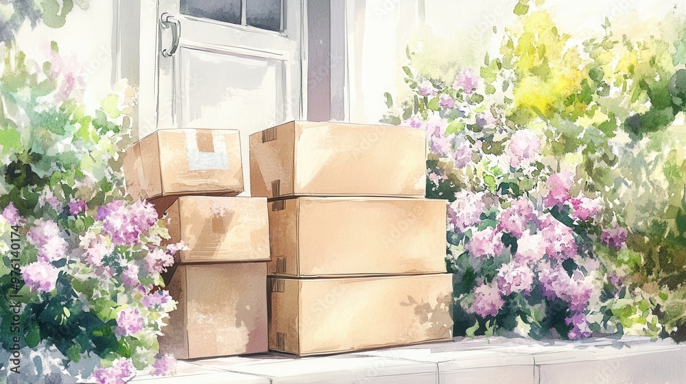 Vibrant flowers surround stacked cardboard boxes at a sunlit door, creating a cheerful and inviting atmosphere. Vibrant flowers surround stacked cardboard boxes at a sunlit door, creating a cheerful and inviting atmosphere.