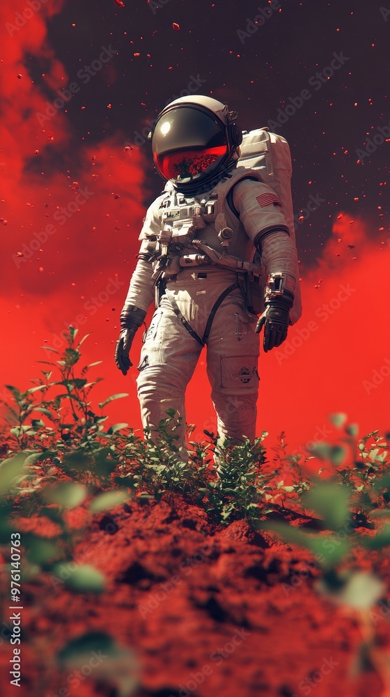 Fototapeta premium Astronaut exploring alien planet covered with red soil and plants