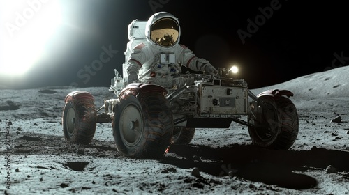 Astronaut exploring moon surface driving lunar rover vehicle
