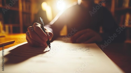 A person engaged in automatic writing at a dimly lit desk, ghostly figure observed in the background under soft lamp light