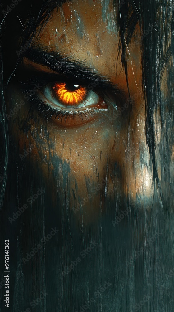 A close-up of a mysterious figure's intense eye and dark features. A close-up of a mysterious figure's intense eye and dark features.