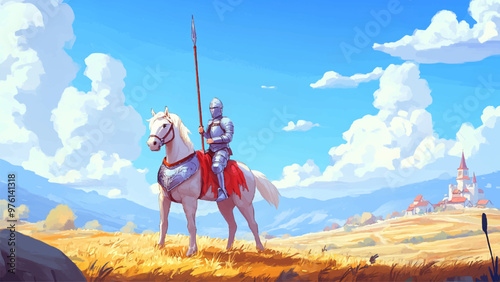 Knight In Shining Armor With Spear On Tall Beautiful Horse Cartoon Illustration For Childrens Book Gallant Character Colorful Majestic Art Kids Storybook Brave