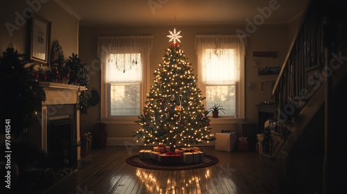 Christmas tree with glowing lights and colorful ornaments in a cozy living room, surrounded by presents. Traditional festive holiday decor capturing the spirit of Christmas. Perfect for seasonal celeb