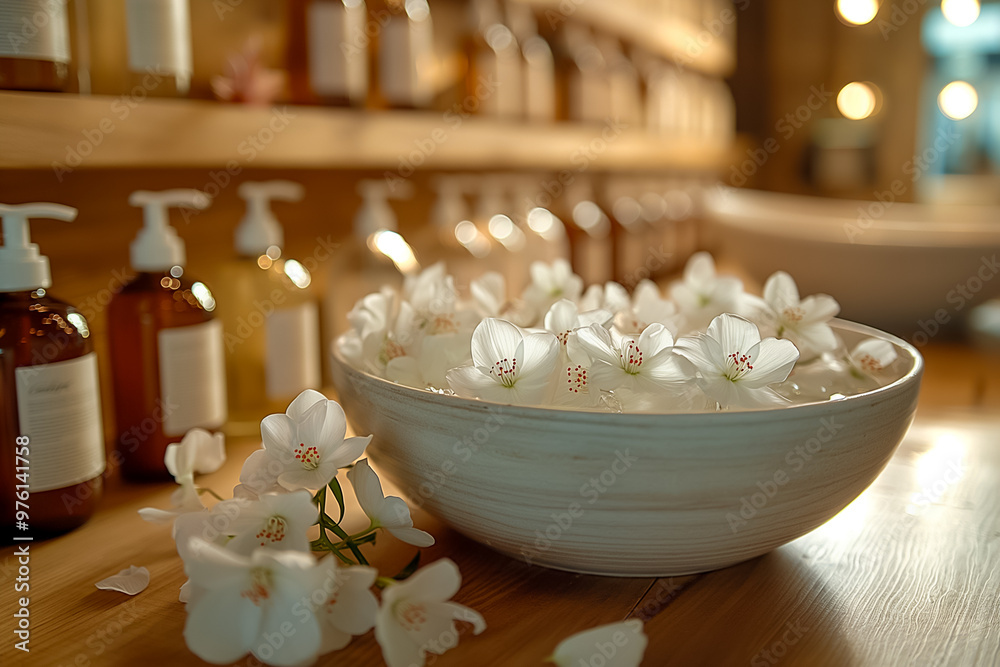 A serene spa environment showcases a bowl filled with delicate flowers alongside various bottles, creating an inviting atmosphere for relaxation and rejuvenation A serene spa environment showcases a bowl filled with delicate flowers alongside various bottles, creating an inviting atmosphere for relaxation and rejuvenation
