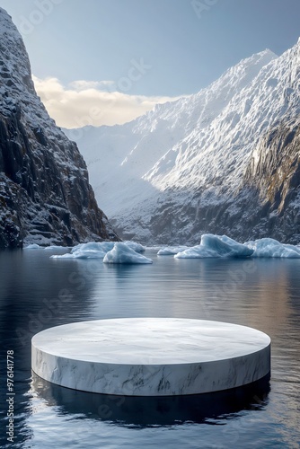 3D minimalist podium on frozen lake and snowy mountains in winter,  proper for product display advertising cosmetic or skincare. Generative AI
