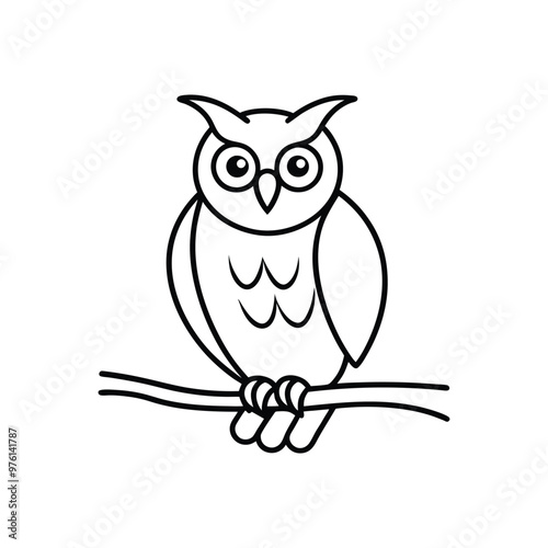 owl on branch Line Art, Outline 