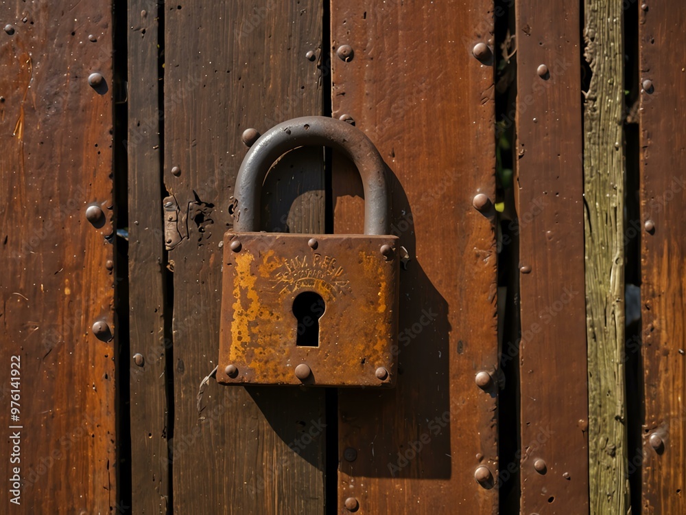 Old rusted lock on a weathered gate. Old rusted lock on a weathered gate.