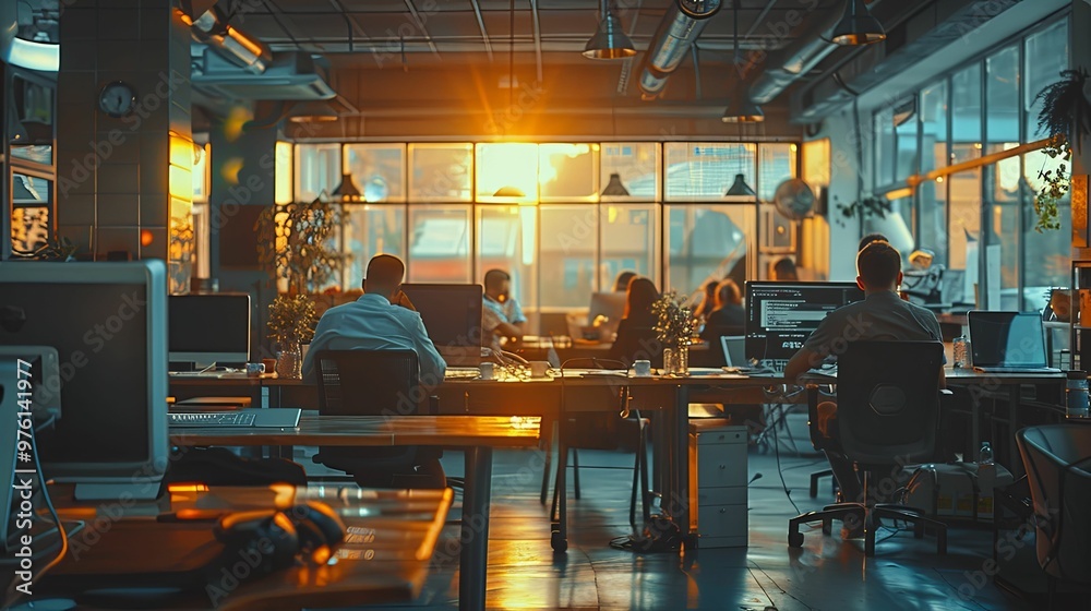 People Working in an Office at Sunset with Computer Monitors and Desk People Working in an Office at Sunset with Computer Monitors and Desk