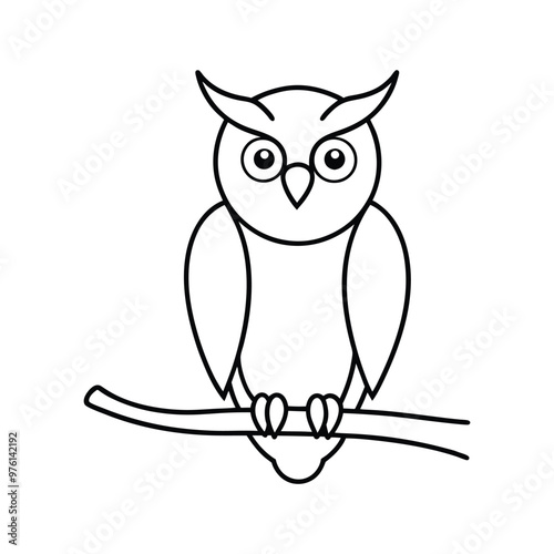 owl on branch Line Art, Outline 