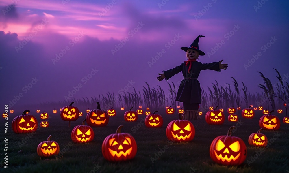 A field filled with glowing jack-o'-lanterns of various sizes, with a misty background and a scarecrow standing guard A field filled with glowing jack-o'-lanterns of various sizes, with a misty background and a scarecrow standing guard