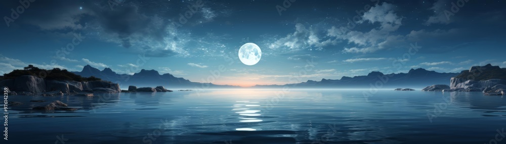 A reflective illustration of a gibbous moon over a calm ocean, its light shimmering on the water A reflective illustration of a gibbous moon over a calm ocean, its light shimmering on the water