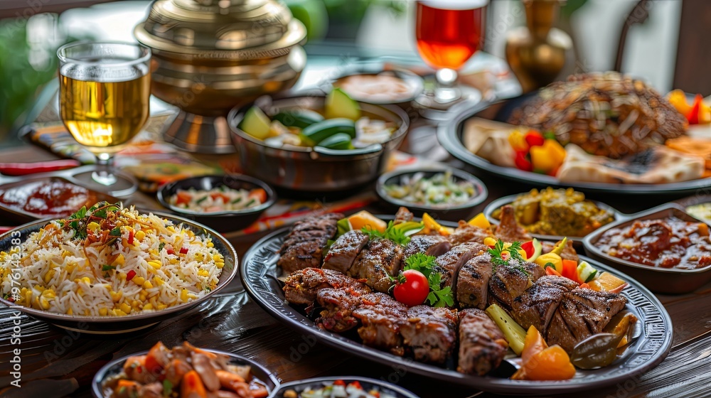 A Table Spread with Grilled Meat, Rice, and Vegetables A Table Spread with Grilled Meat, Rice, and Vegetables