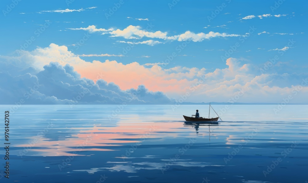 A reflective illustration of a lone fisherman at sea with a steel blue sky A reflective illustration of a lone fisherman at sea with a steel blue sky