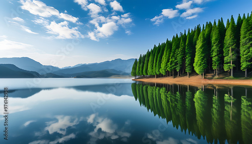 The magnificent scenery of the杉树林in Fushan Reservoir photo