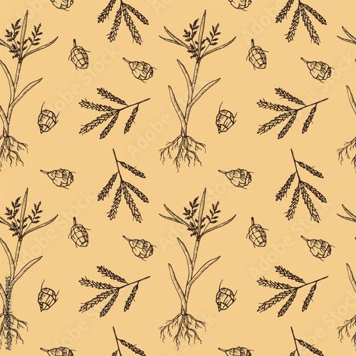 Hand drawn vector seamless pattern with edible Sweet almond chufa. Repeating background with Cyperaceae, sweet oatmeal, Cyperus esculentus. Food and harvest. Design element for wrapping, label, paper