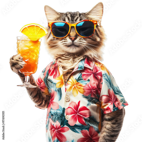 A stylish cat wearing sunglasses and a floral shirt holds a tropical drink during a festive summer gathering photo