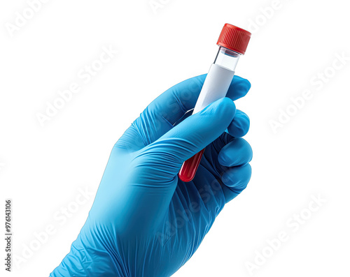 Hand holding a test tube with blood sample in a laboratory setting, captured in bright lighting photo