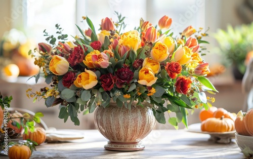 Wallpaper Mural Festive Thanksgiving floral centerpiece with orange tulips, yellow roses, and deep red chrysanthemums in a ceramic vase Torontodigital.ca