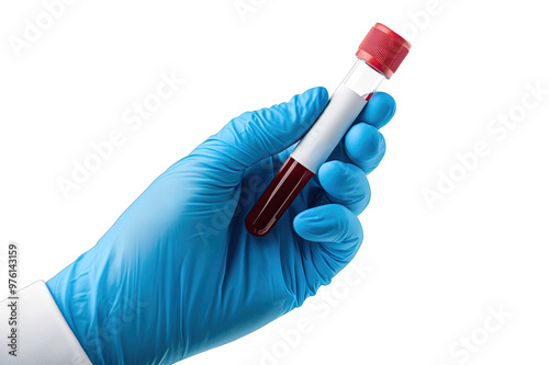 A healthcare professional holds a blood sample in a laboratory setting while wearing protective gloves during testing procedures photo