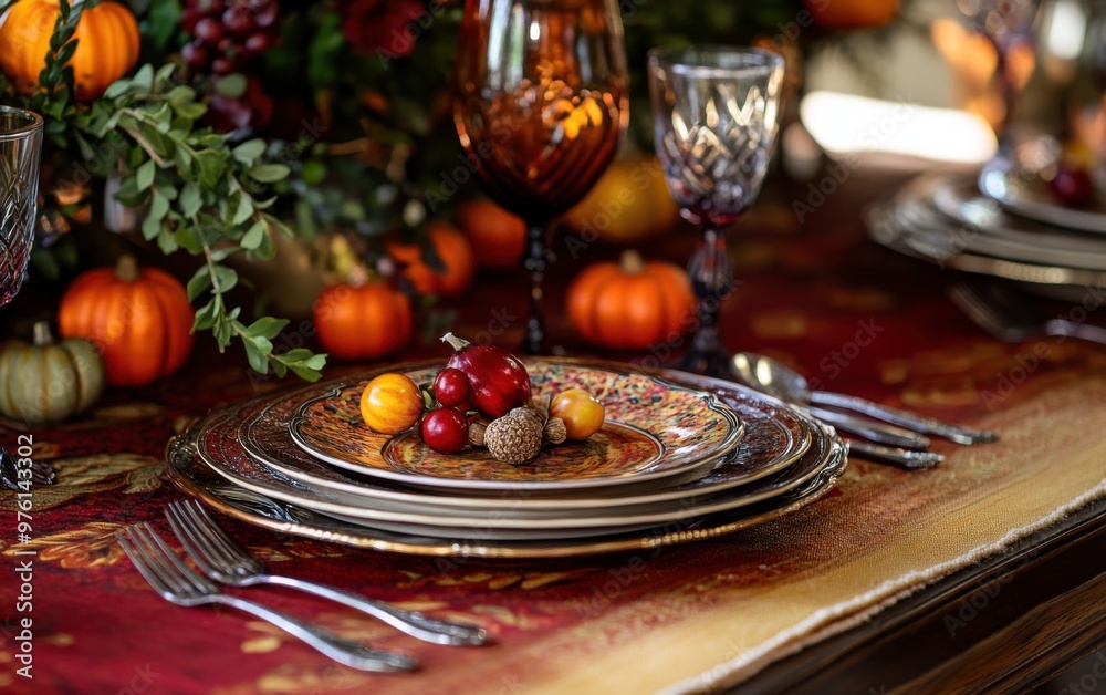 Elegant Thanksgiving table setting with autumn colors and decorative elements for a festive gathering Elegant Thanksgiving table setting with autumn colors and decorative elements for a festive gathering