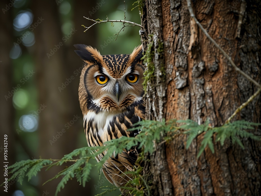 Owl peeking through the trees.