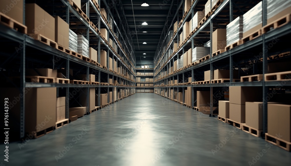 Rows of shelves filled with product boxes in a contemporary industrial warehouse setting Rows of shelves filled with product boxes in a contemporary industrial warehouse setting