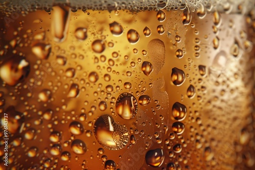 Close-up of a frothy Oktoberfest beer, with condensation droplets glistening on the glass and bubbles rising to the surface, capturing the essence of the festival's signature beverage photo