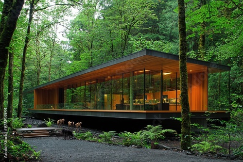 Modern glass and wood house in lush forest landscape