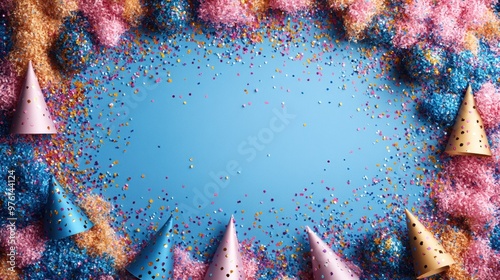 Colorful party scene with confetti and party hats on a blue background. photo