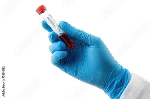 A hand in a blue glove holds a blood sample in a test tube for laboratory analysis in a clinical setting
