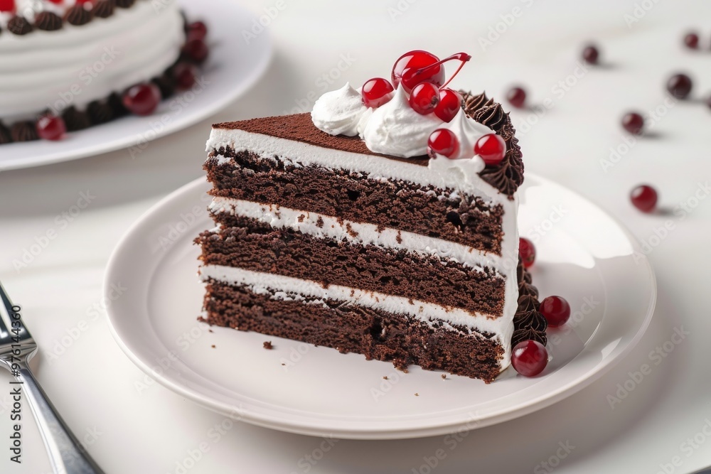 A slice of black forest cake decorated with whipped cream and cherries on a white background, cut-out, clipping path, Schwarzwälderkirsch, Sahnetorte A slice of black forest cake decorated with whipped cream and cherries on a white background, cut-out, clipping path, Schwarzwälderkirsch, Sahnetorte