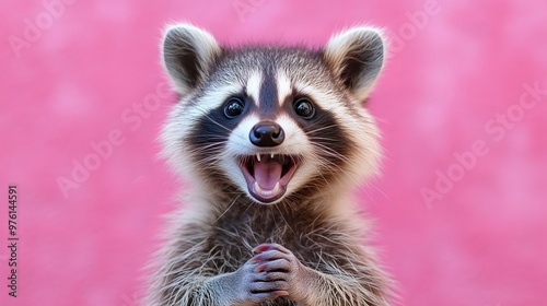 Cute baby raccoon smiling on pink background