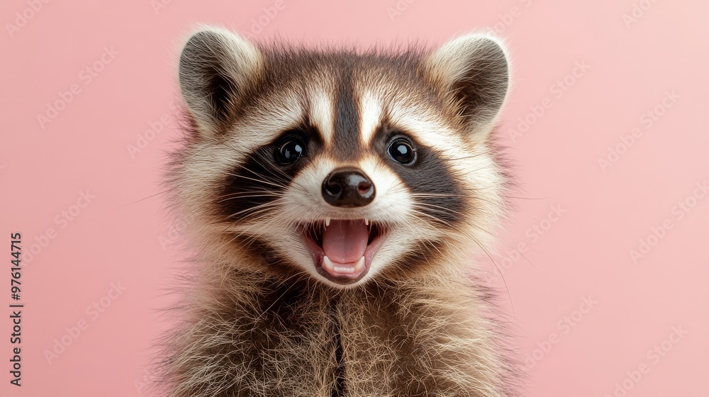 Obraz premium Happy raccoon smiling on pink background
