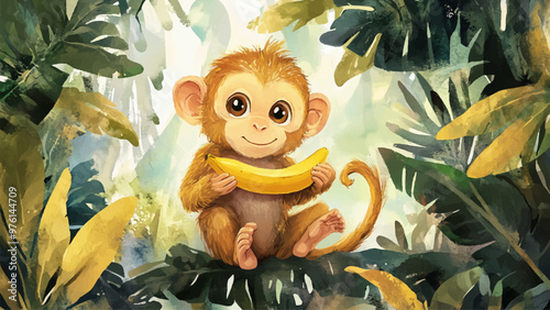 Little Monkey With Banana In Paw Cartoon Illustration For Childrens Book Adorable Character Banana Whimsical Art Kids Storybook Playful Scene Fun Fruit Interaction