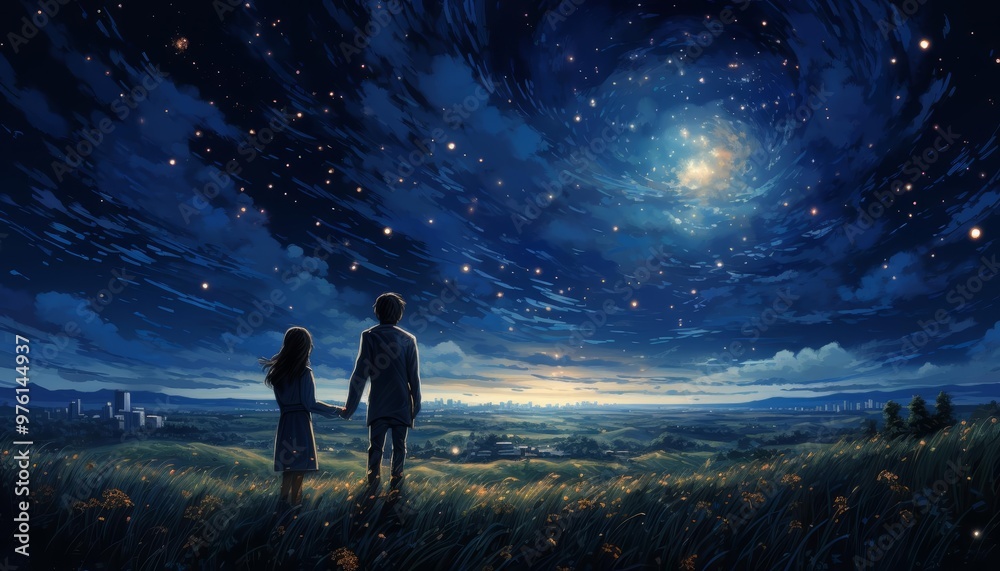 Fototapeta premium A romantic illustration of stargazers under a midnight blue sky