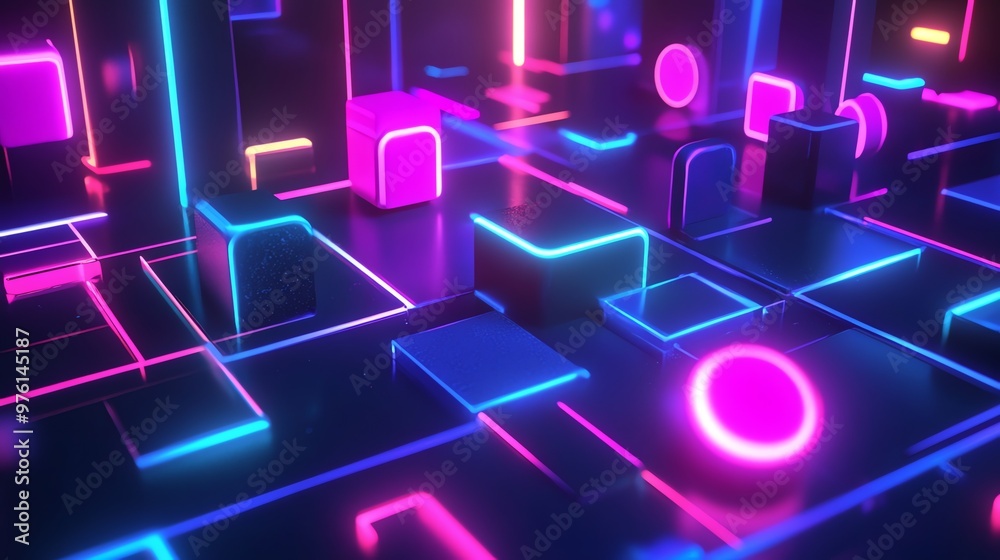 Abstract 3D neon background with glowing lines and shapes. Abstract 3D neon background with glowing lines and shapes.
