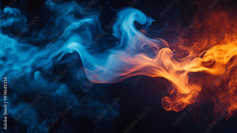 Blue and orange smoke forming abstract shapes on black background Blue and orange smoke forming abstract shapes on black background