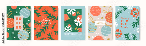 Set of Merry Christmas and Happy New Year greeting cards. Modern trendy design with illustrations of sprigs of spruce, Christmas tree balls, snowflakes, bunches of rowan trees and glitter. Xmas design