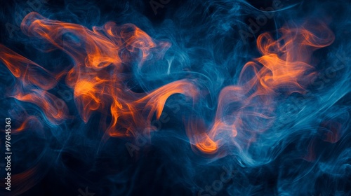 Blue and orange smoke creating abstract shapes on black background