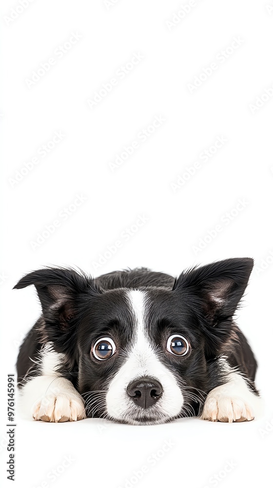 Obraz premium Adorable black and white dog with big eyes lying down against a white background. Perfect for pet-related content or cute animal themes.