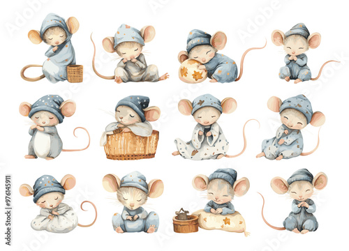 Mouse in Sleep Cap in Various Charming Poses Cozy Resting Dreamy Watercolor Illustrations For Childrens Book