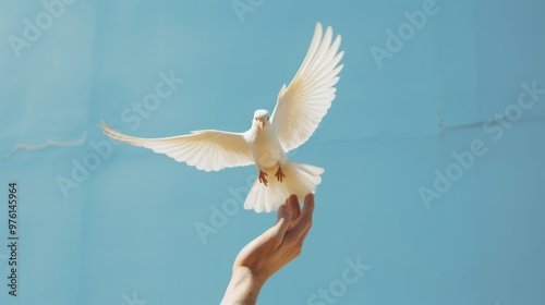 Praying hands and white dove flying happily on blurred background. Neural network ai generated art photo