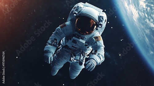 An astronaut floats in space, with Earth in the background.