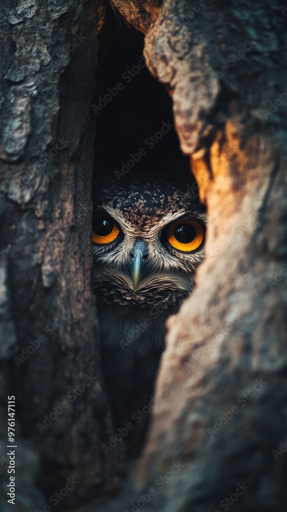 Yellow Eyes of an Owl Peering Through a Natural Wood Hole at Twilight Yellow Eyes of an Owl Peering Through a Natural Wood Hole at Twilight